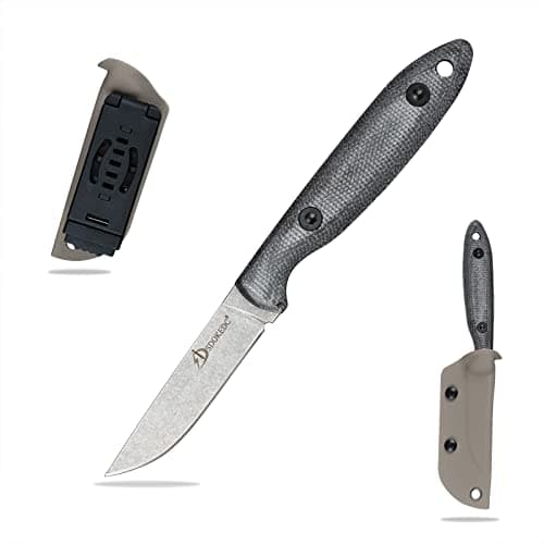 DC53 Steel Tactical Fixed Blade Knife with Kydex Sheath for Men EDC (Black G10 Handle) — White stone wash