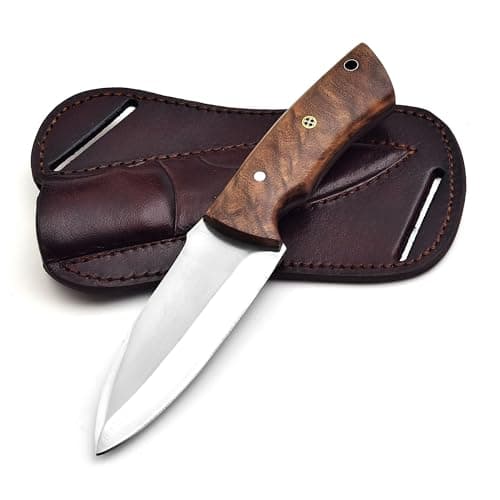 8-Inch Carbon Steel Forge Tracker Knife - Bushcraft Hunting Skinning Knife with Leather Sheath — Rose Wood Knife