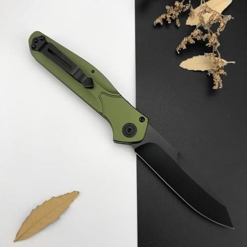 HUAAO EDC Pocket Knife, 3.15 Inch D2 Blade, Green Aluminium Handle, Camping Folding Knife for Men