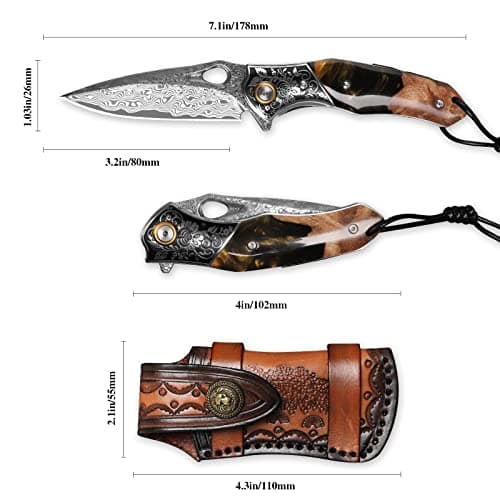 Handmade Japan Damascus Steel Pocket Knife, 3.1" VG10 Blade, Resin Maple Handle
