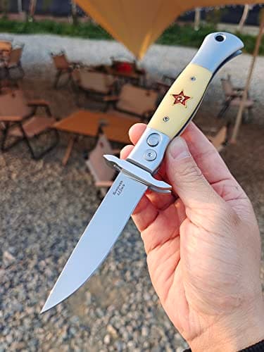 Finka-NKVD KGB Folding Pocket Knife, 3.74" X12M Steel Blade, Aviation Aluminum Handle (Beige)