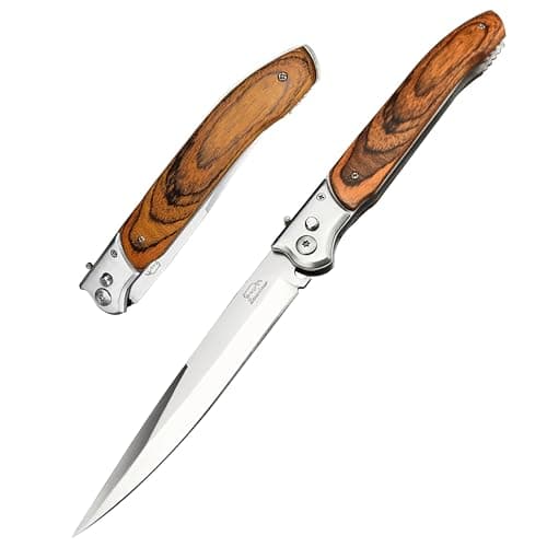 HUAAO 12" Large Push Button Lock Pocket Knife with Safety Lock, Pakkawood Handle EDC Tool
