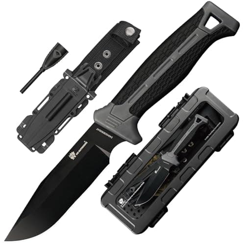Extra Sharp Bushcraft Knife with Fire Starter, D2 Steel Fixed Blade Camp Knife for Outdoor Adventures (Brown) — Black