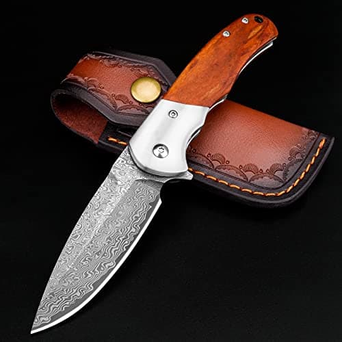 KOMWERO Damascus Steel Pocket Knife, VG10 Blade, 3.34" Length, Hunting Knife — B-Wooden Handle