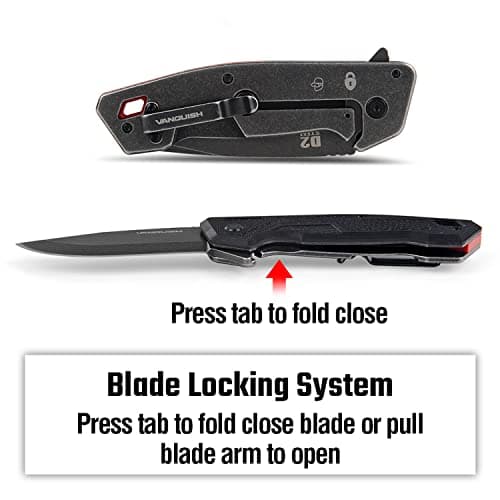 Vanquish D2 Steel Folding Pocket Knife, G10 Handle, EDC for Hunting & Camping