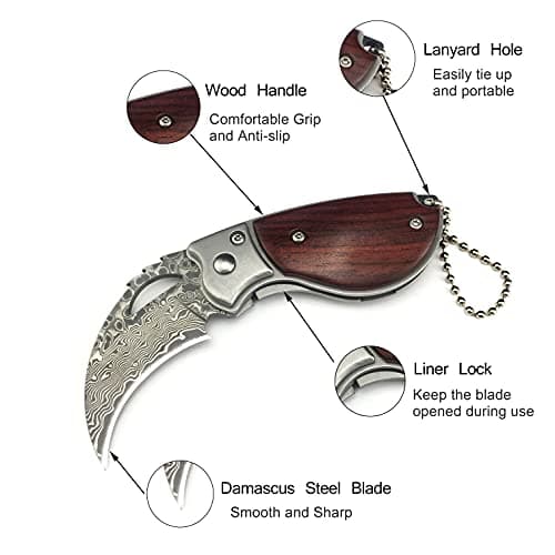 HUAAO 4.6’’ Damascus Pocket Knife with Wood Handle, Liner Lock, Keychain, Men's Outdoor Gift