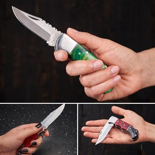 Personalized Damascus Pocket Knife - Hunting Knife for Men, Wood Handle, Survival Gifts for Dad