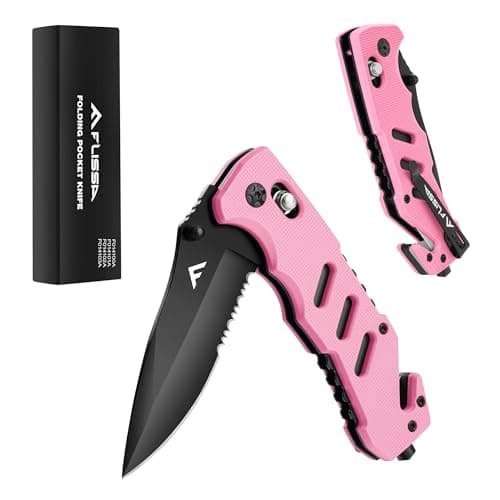 FLISSA Folding Pocket Knife: Clip, Glass Breaker, Seatbelt Cutter, Emergency Rescue Survival Knife — Pink