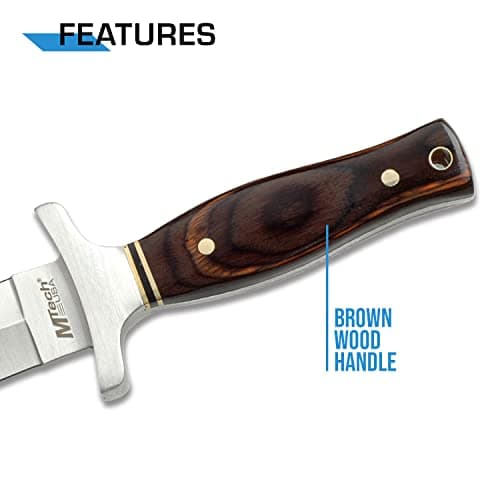 MTECH USA Satin Finish Sat Stainless Steel Blade, Brown Wood Handle Knife - Hunting, Camping, Survival, Tactical - MT-20