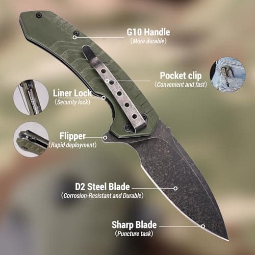 Folding Pocket Knife with 3.3 D2 Steel Blade and G10 Handle - Compact EDC Tool for Camping, Hunting, and Survival for Men and Women