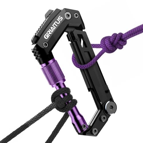8-in-1 Carabiner Multitool EDC, Serrated Knife, Rope Cutter, Gifts for Men and Women (Black) — Purple