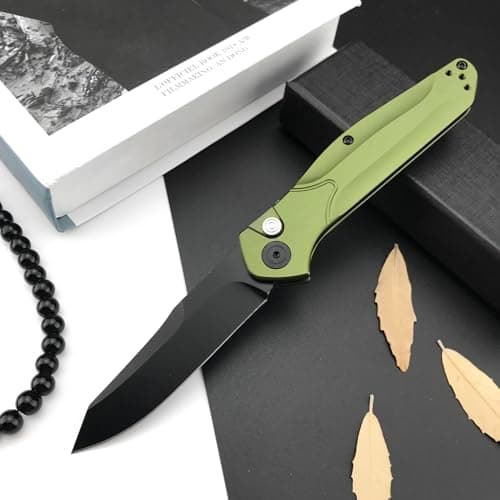 HUAAO EDC Pocket Knife, 3.15 Inch D2 Blade, Green Aluminium Handle, Camping Folding Knife for Men