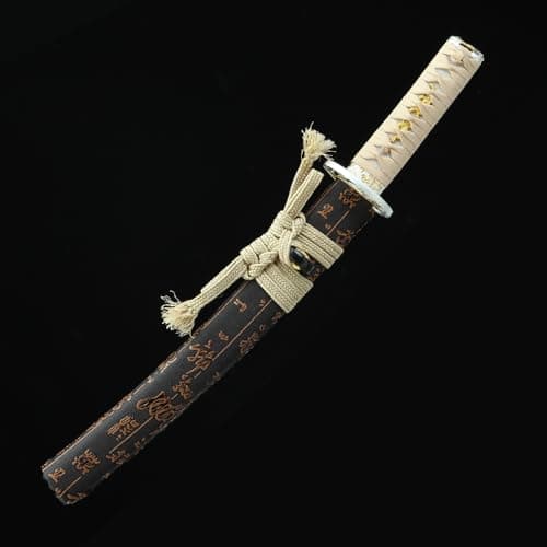 Handmade Full Tang Clay Tempered T10 Steel Japanese Katana (Wakizashi) Real Hamon Samurai Sword (Brown & White)