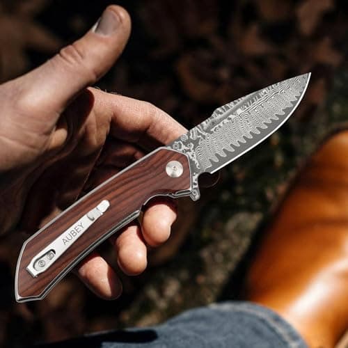 AUBEY Damascus Pocket Knife with Clip, Ball Bearing Blade, Wooden Handle (EDC)