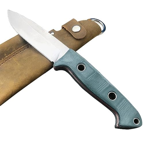 Outdoor Bushcraft Knife with Leather Sheath, Full Tang Blade and Green G10 Handle