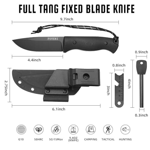 9.7" Full Tang Survival Knife with Fire Starter & Kydex Sheath for Bushcraft, Outdoor, Hunting, Fishing, Camping