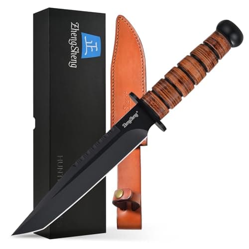 DC53 Steel Black Titanium PVD Coating 8.0" Fixed Blade Hunting Knife with Leather Sheath, Ergonomic Handle