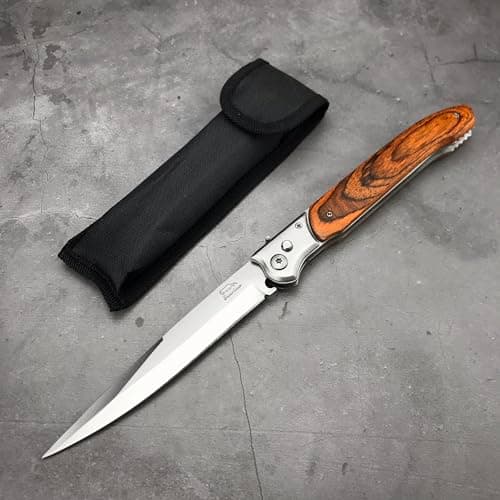 HUAAO 12" Large Push Button Lock Pocket Knife with Safety Lock, Pakkawood Handle EDC Tool