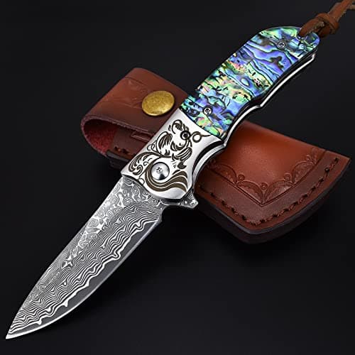 AUBEY Damascus Pocket Knife with Abalone Handle, Leather Sheath, Ideal for Everyday Carry