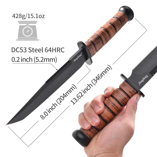 DC53 Steel Black Titanium PVD Coating 8.0" Fixed Blade Hunting Knife with Leather Sheath, Ergonomic Handle