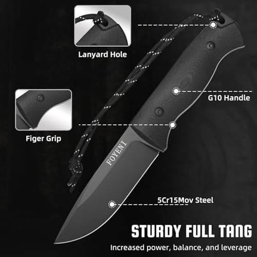 9.7" Full Tang Survival Knife with Fire Starter & Kydex Sheath for Bushcraft, Outdoor, Hunting, Fishing, Camping