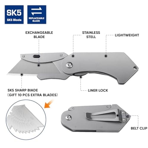 Mini Box Cutter with 10 Replaceable Blades, EDC Folding Utility Knife, Stainless Steel