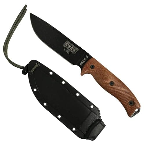 USA-Made ESEE 6 Fixed Blade Knife with Contoured Handle — Black Blade, Natural Canvas Micarta 3D Handle