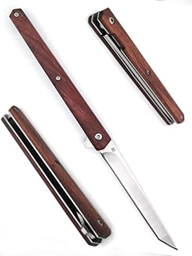 Double Action Pocket Knife with Damascus Pattern D2 Stainless Blade, Wood Handle, Leather Sheath — C07TR