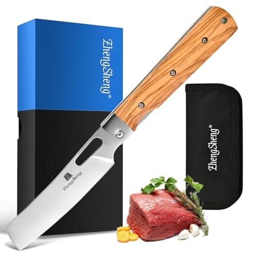 4.8" Sharp 440A Stainless Steel Folding Chef Knife with Wood Handle for Outdoor Cooking — #4 Natural Olive Handle - Black Nylon Pouch