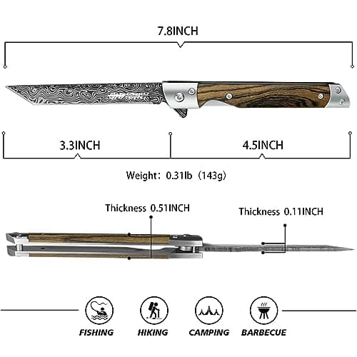 3.5 Inch Tanto Pocket Knife, Stainless Steel, Wooden Handle