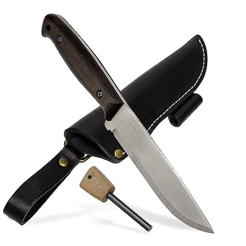 BPS Knives Adventurer - Bushcraft Fixed-Blade Carbon Steel Knife with Leather Sheath and Firestarter — Black