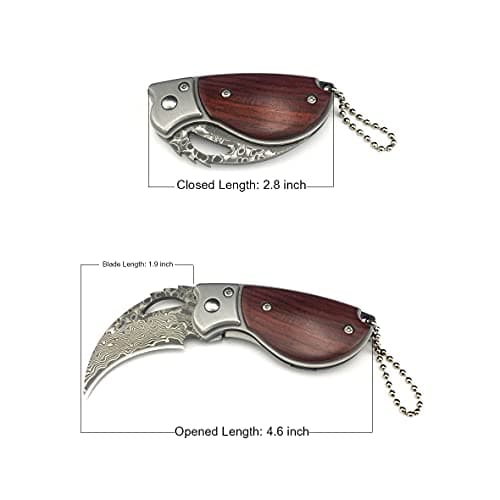 HUAAO 4.6’’ Damascus Pocket Knife with Wood Handle, Liner Lock, Keychain, Men's Outdoor Gift