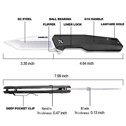 D2 Blade Liner Lock Folding Knife with G10 Handle for Hiking and Camping