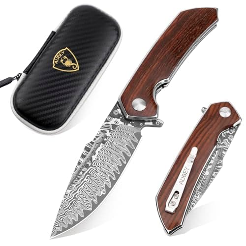 AUBEY Damascus Pocket Knife with Clip, Ball Bearing Blade, Wooden Handle (EDC)