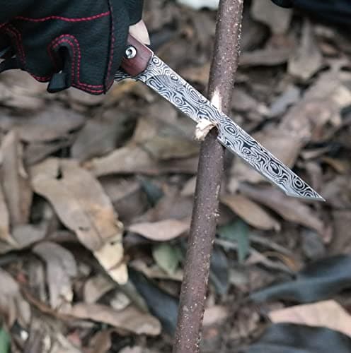 Double Action Pocket Knife with Damascus Pattern D2 Stainless Blade, Wood Handle, Leather Sheath