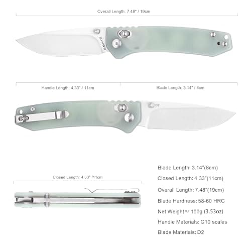 3.14" D2 Steel Satin Blade Folding Knife, G10 Scales, Axis Lock, Reversible Clip, Perfect for Men, Women, Camping & Hiki