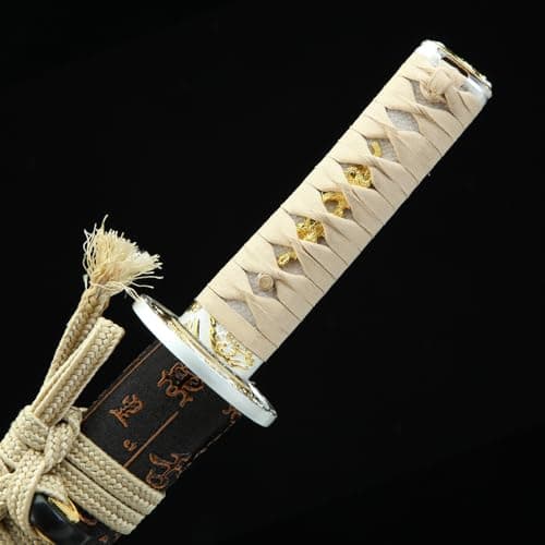 Handmade Full Tang Clay Tempered T10 Steel Japanese Katana (Wakizashi) Real Hamon Samurai Sword (Brown & White)