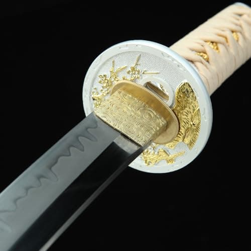 Handmade Full Tang Clay Tempered T10 Steel Japanese Katana (Wakizashi) Real Hamon Samurai Sword (Brown & White)