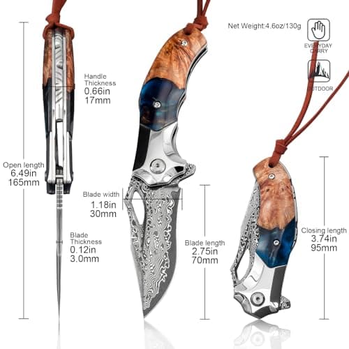 Retro Damascus Steel Folding Knife with Leather Sheath for Mens Gift