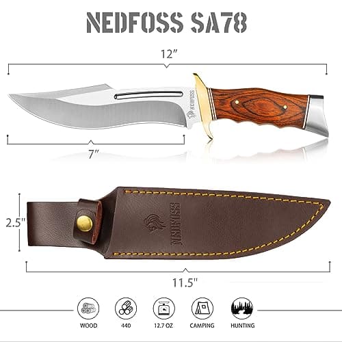 NedFoss SA78 Hunting Knife, 7" Fixed Blade, 440C StainlessSteel, Leather Sheath, Gifts for Men & Women