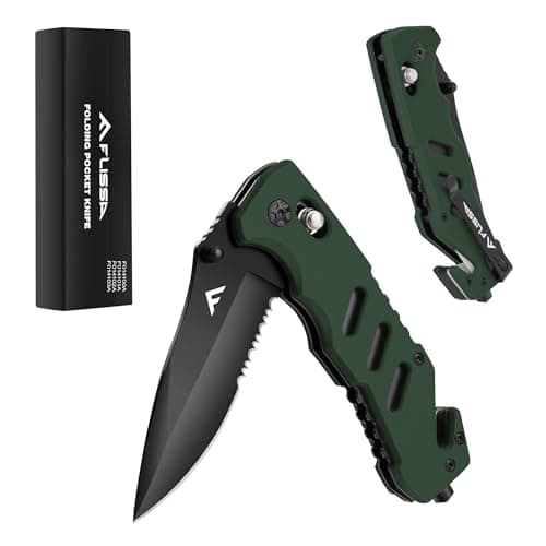 FLISSA Folding Pocket Knife: Clip, Glass Breaker, Seatbelt Cutter, Emergency Rescue Survival Knife — Green