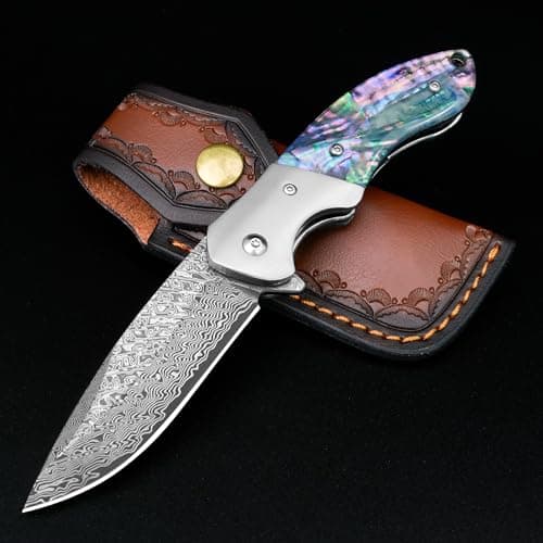 KOMWERO Damascus Steel Pocket Knife, VG10 Blade, 3.34" Length, Hunting Knife — D-Abalone Handle