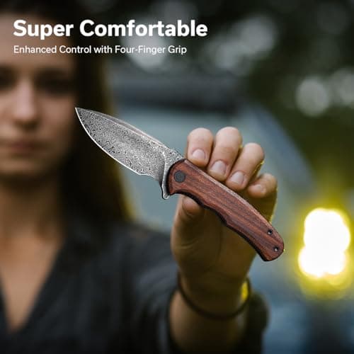 CIVIVI Damascus Blade Foldable Knife, 2.98" Guibourtia Wood, Ideal for Camping and Hiking C18026C-DS1