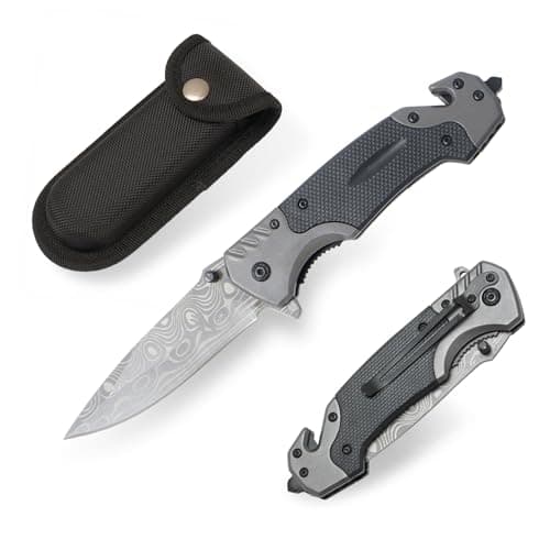 Folding Pocket Knife, 3-in-1 Multitool Switch Blade, EDC Tactical Knife for Self Defense, Camping, Hunting — grey