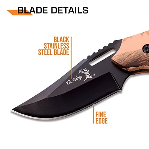 Elk Ridge Fixed Blade Knife - 3-in Black Stainless Steel, Camo Coated Wood Handle, 1680D Nylon Sheath
