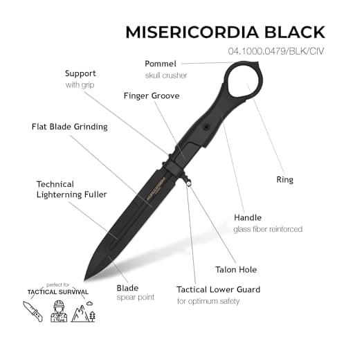 Extrema Ratio Misericordia Black Fixed Blade Knife, Italian Made