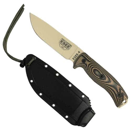 USA-Made ESEE 6 Fixed Blade Knife with Contoured Handle — Desert Tan Blade, Coyote/Black G10 3D Handle