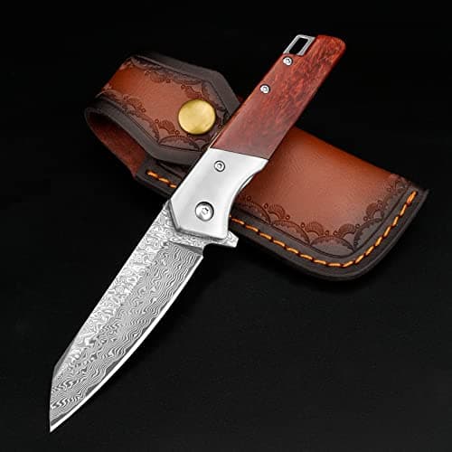 KOMWERO Damascus Steel Pocket Knife, VG10 Blade, 3.34" Length, Hunting Knife — C-Wooden Handle
