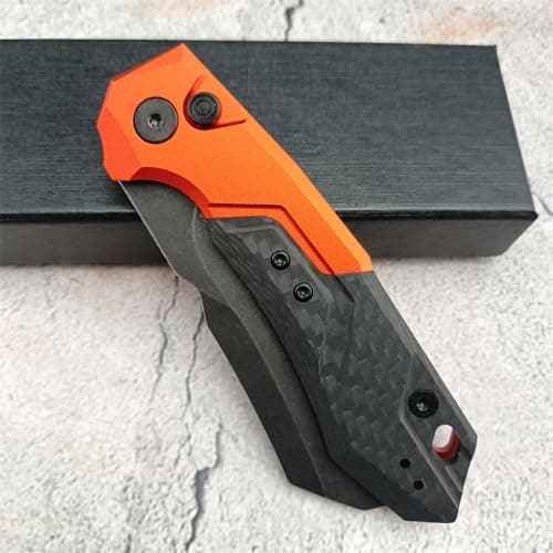 3.27 D2 Cleaver Blade Pocket Knife with SpeedSafe, Aluminum and Carbon Fiber Handle, Tip-up Clip, EDC for Camping and Hunting, Orange