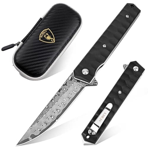 AUBEY Damascus Pocket Knife, Tanto VG10 Core Steel Folding Knife with Ball Bearing and Glass Breaker, EDC Damascus Knife for Men and Women — E-Aluminum Handle